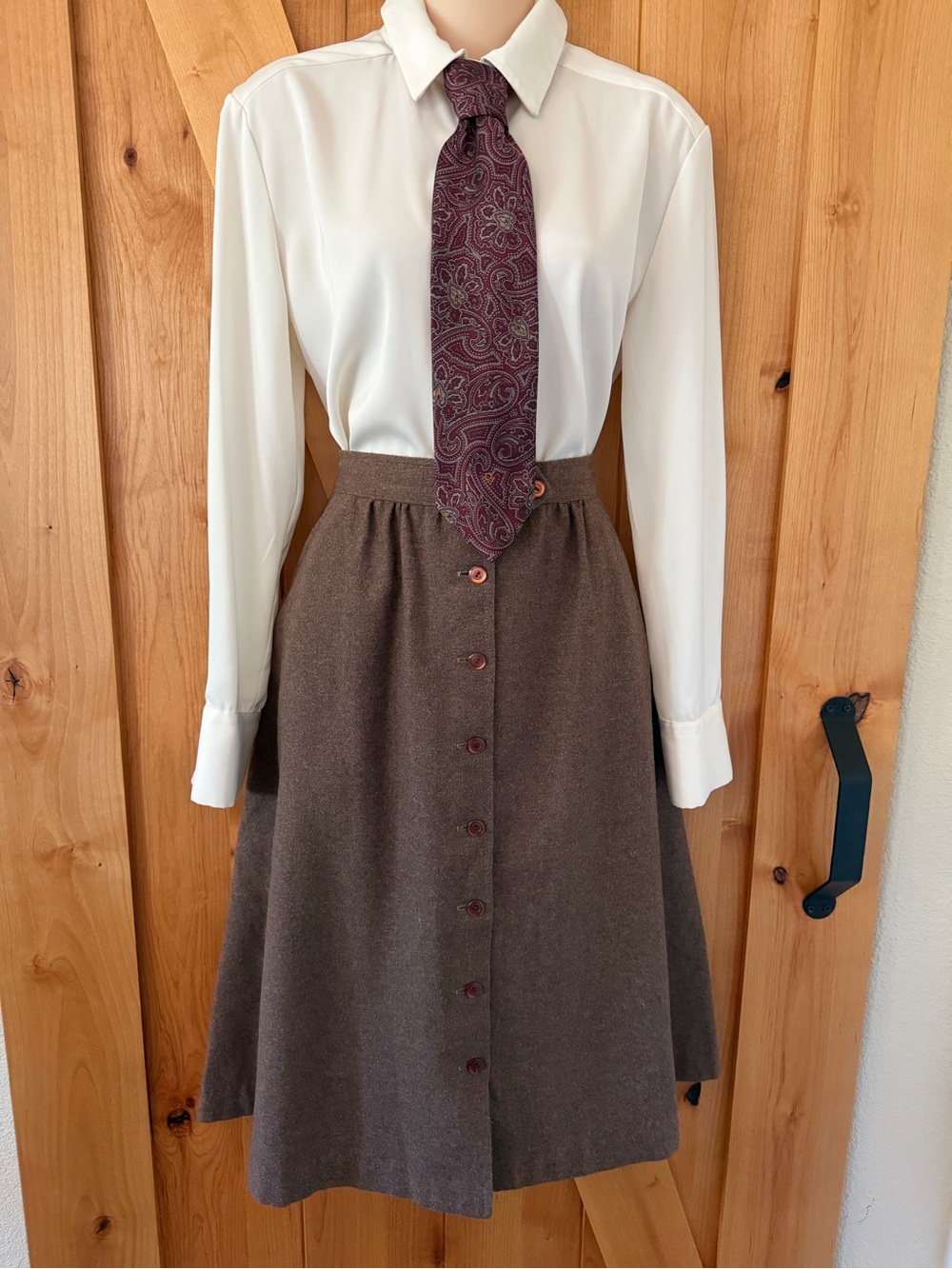 Vintage 70s Brown A-Line Button Front Midi Skirt Cottagecore Academia, M